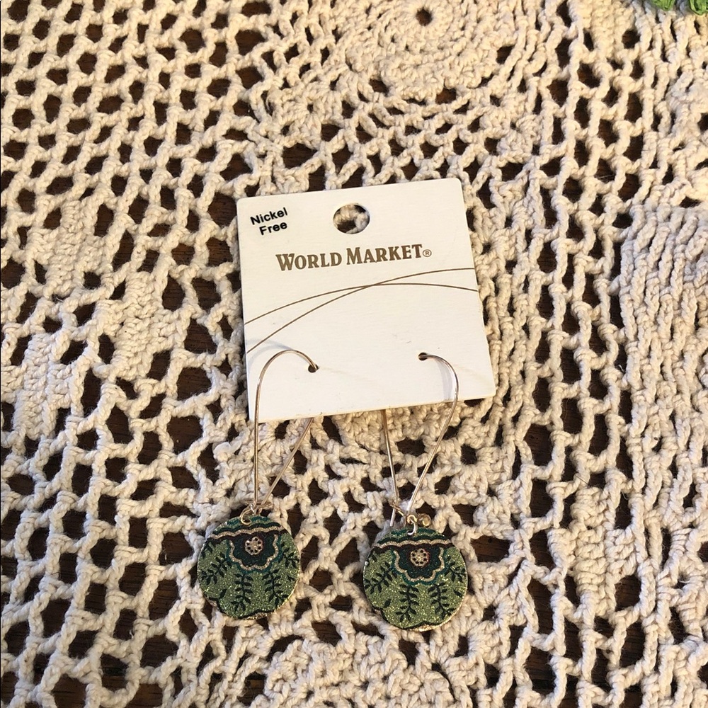 Cost Plus World Market Green Floral Embroidered Drop Earrings